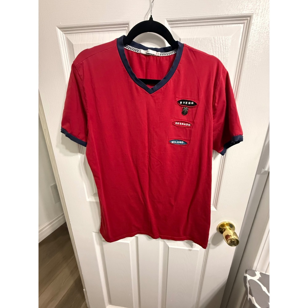 MS C Mens Red Ringer T-Shirt V-Neck Milano Desrado Patch XL
